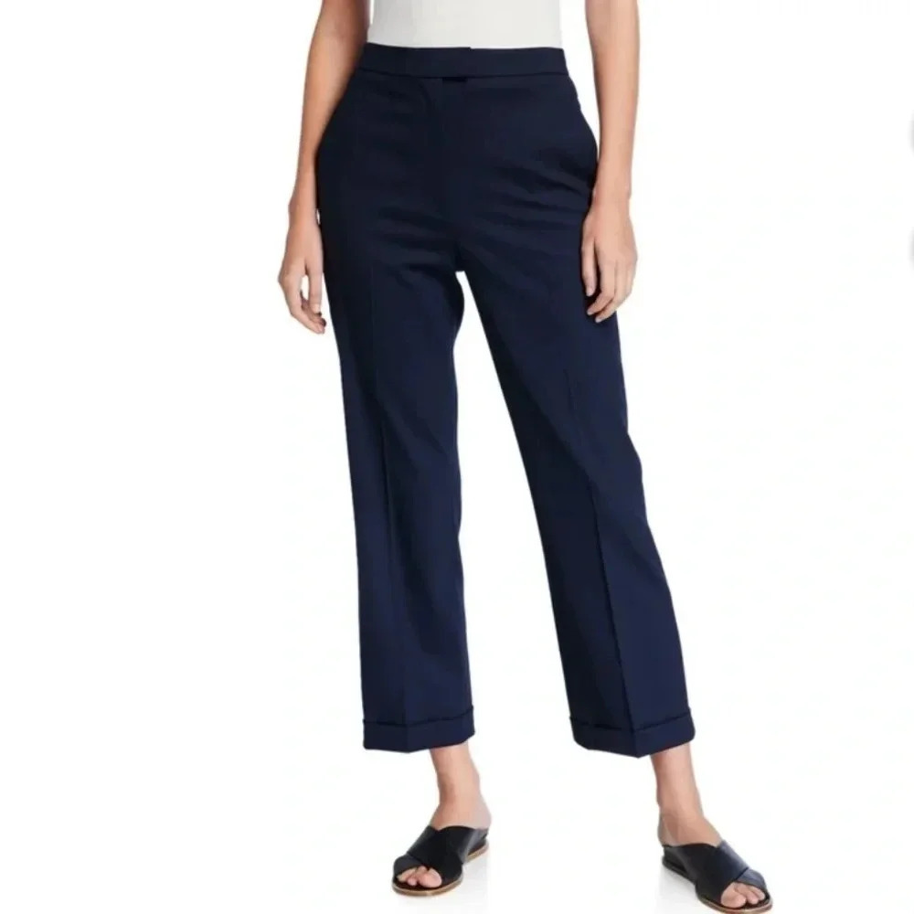 St. John Wool Straight Leg Dress Pants Navy Cuffed Hem Trousers Women’s Size 6